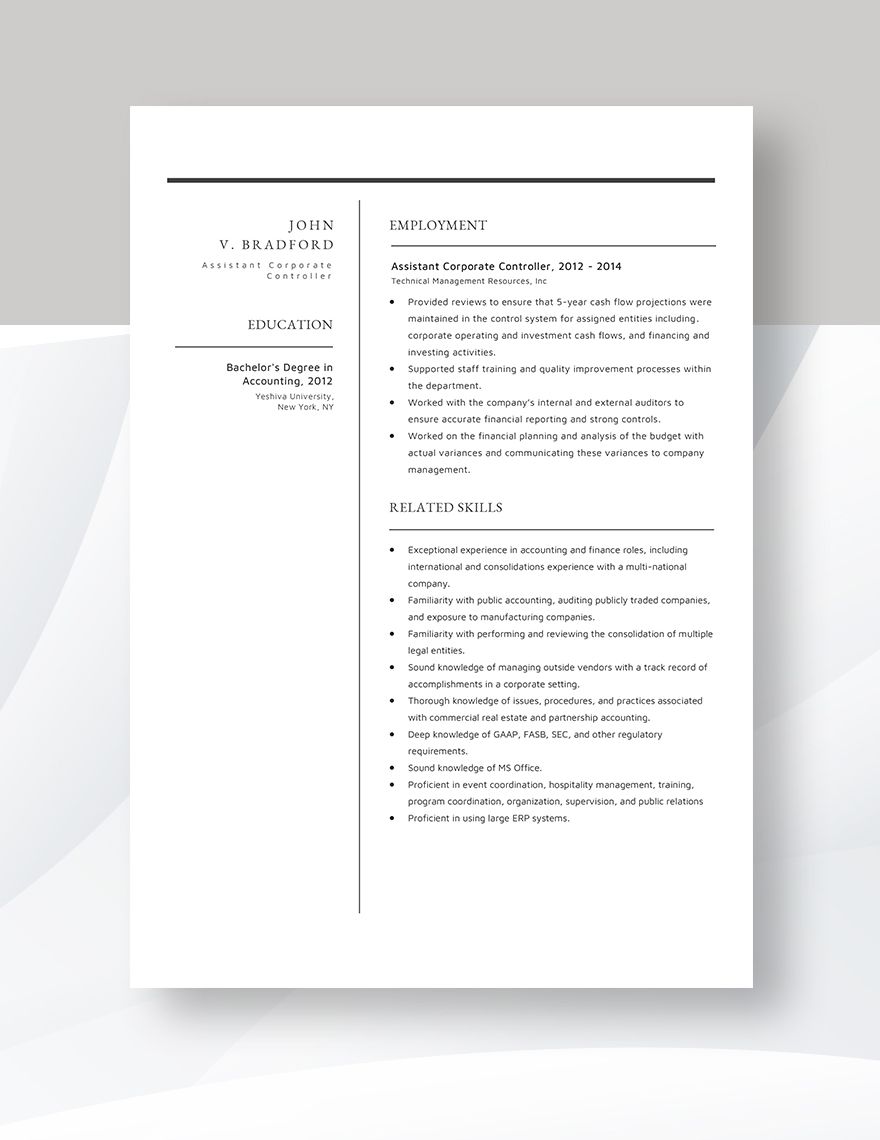 Assistant Corporate Controller Resume