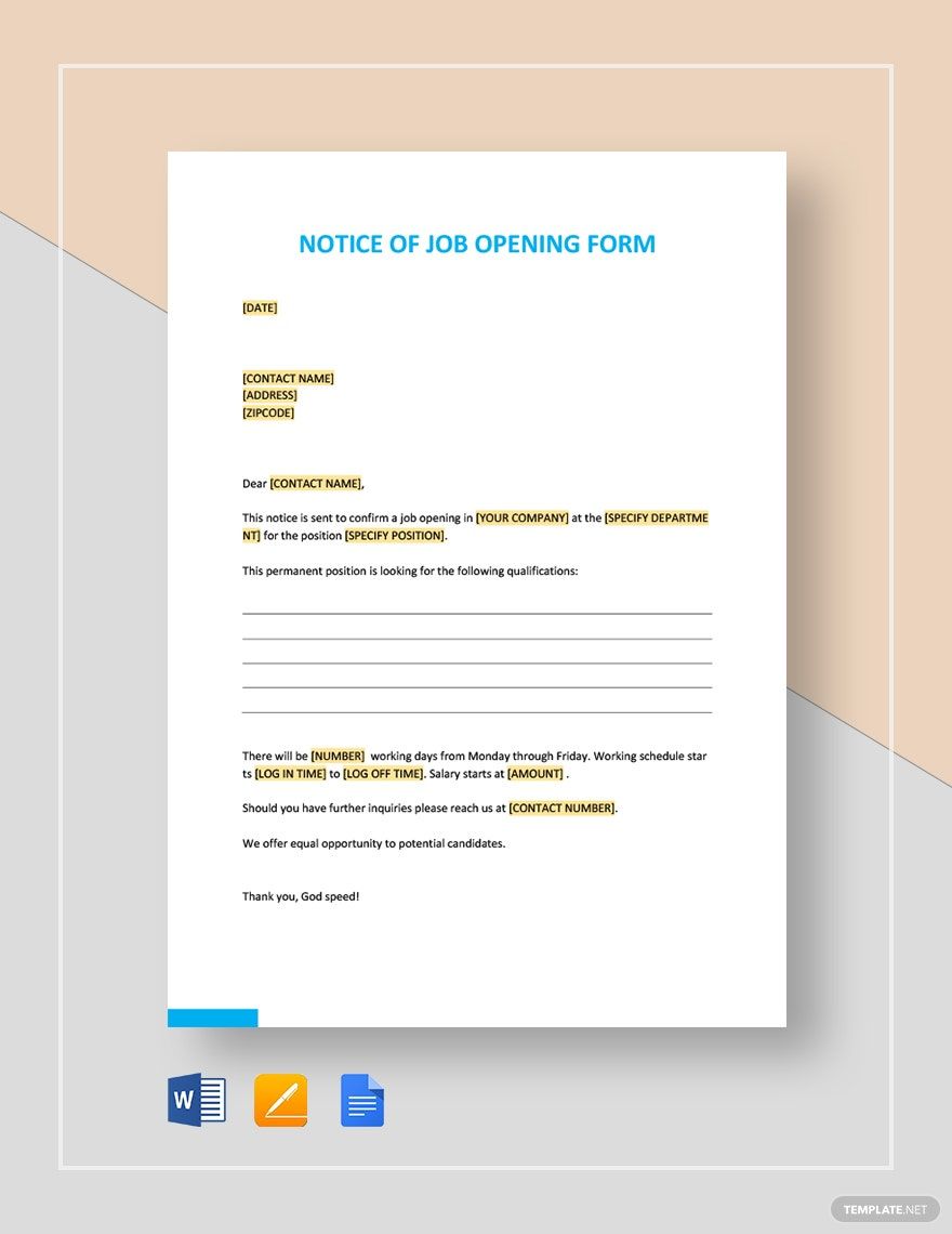 Simple Notice of Job Opening Form Template