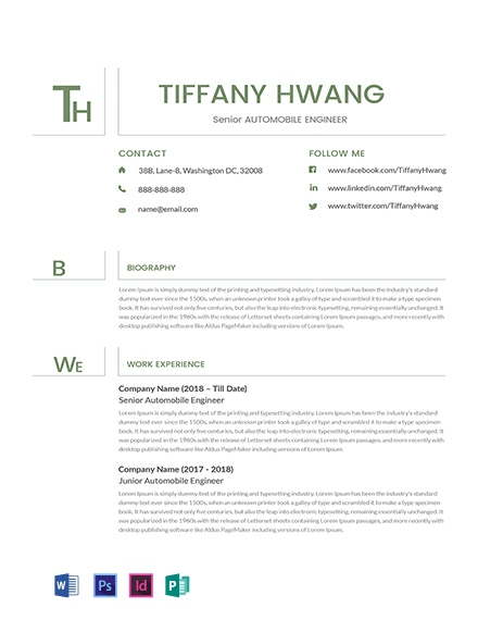 Senior Automobile Engineer Resume Template - InDesign, Word, PSD, Publisher