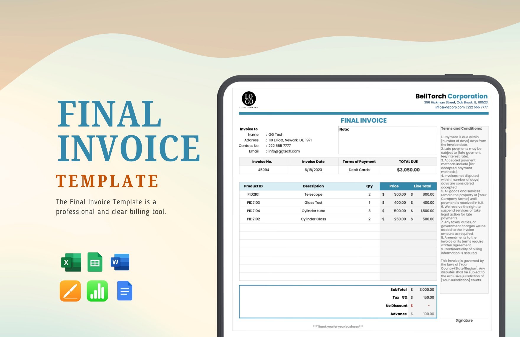 Final Invoice Template in Word, Google Docs, Excel, Google Sheets, Apple Pages, Apple Numbers
