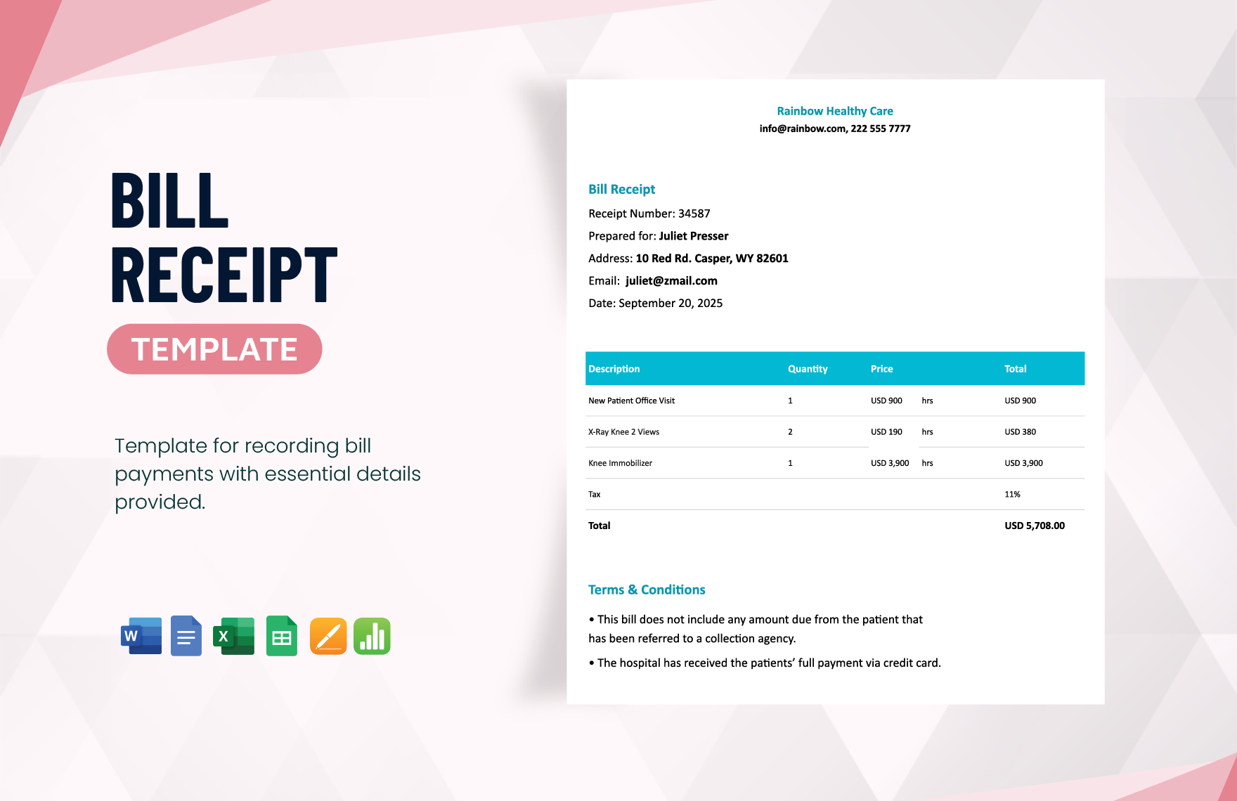 Bill Receipt Template in Word, Google Docs, Excel, Google Sheets, Apple Pages, Apple Numbers