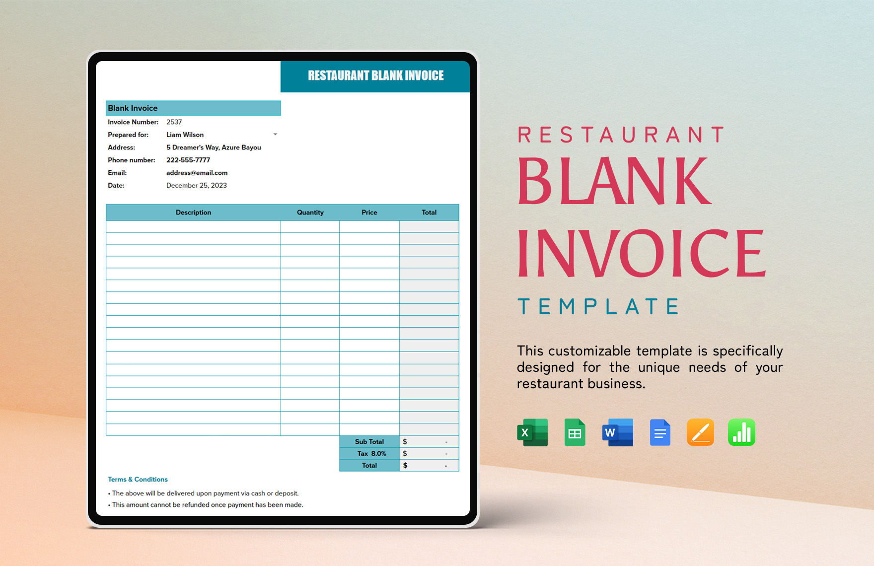 Restaurant Blank Invoice Template in Google Docs, Apple Numbers, Word, Pages, Excel, Google Sheets - Download | Template.net