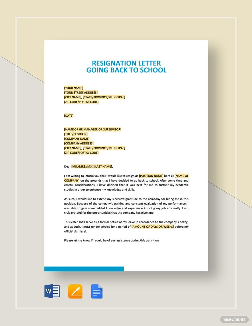 Free Resignation Letter Going Back to School Template