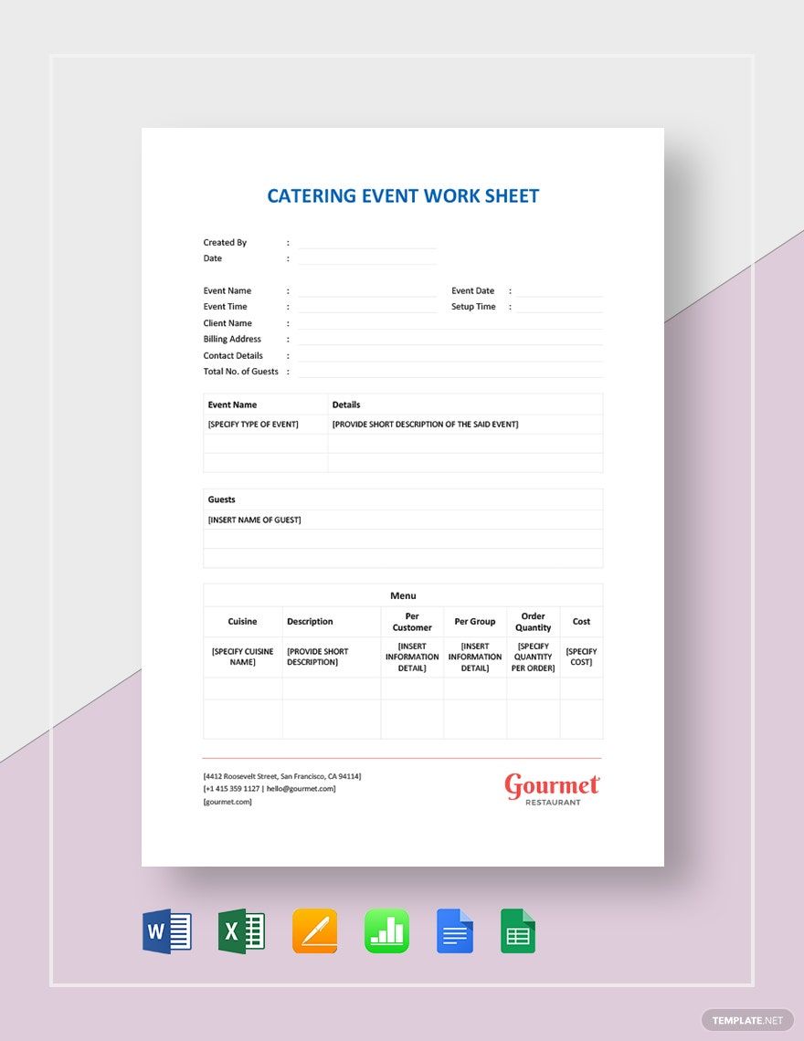 Catering Event Worksheet Template