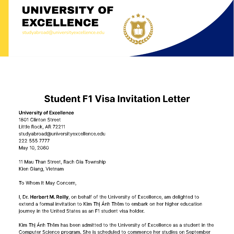 Student F1 Visa Invitation Letter Template