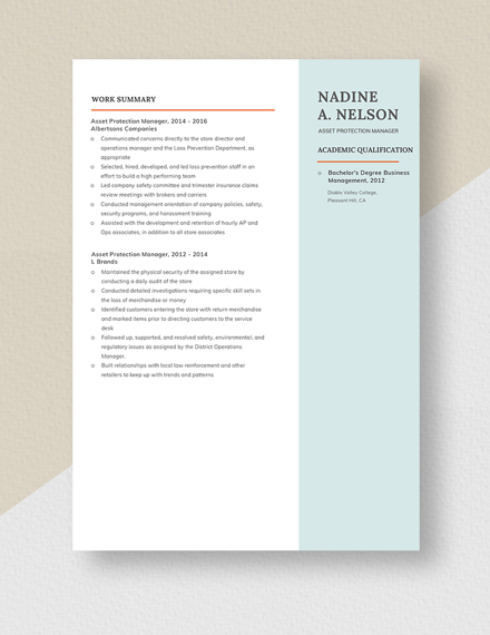 Asset Protection Manager Resume Template