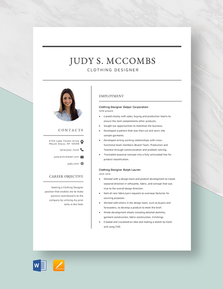Clothing Designer Resume Template - Word, Apple Pages