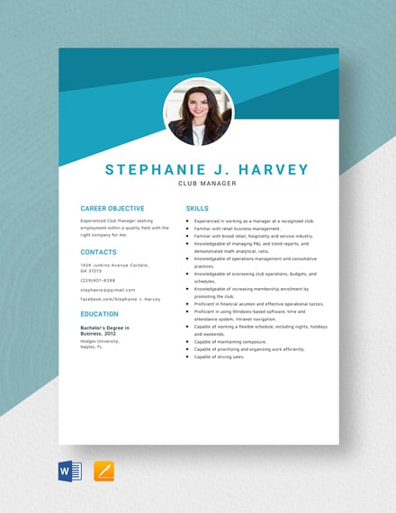 Club Manager Resume Template - Word, Apple Pages