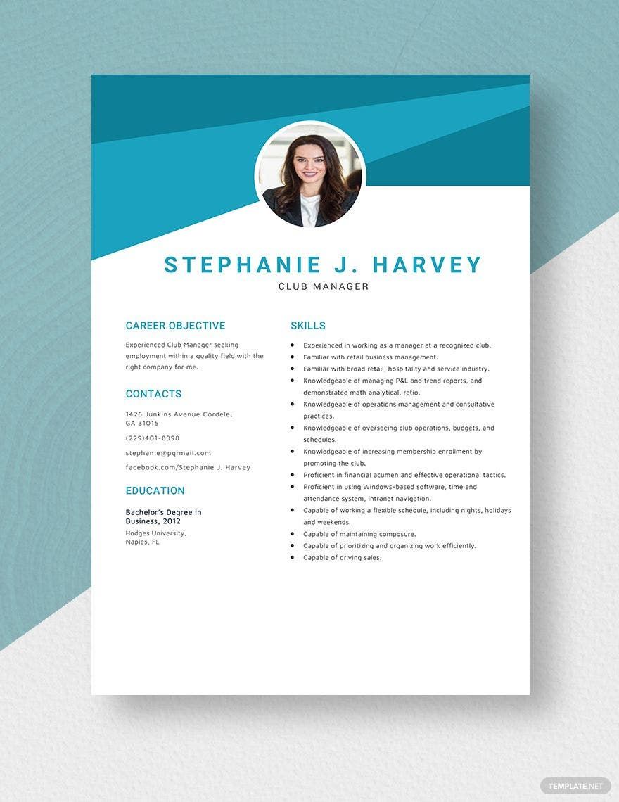 Club Manager Resume Template