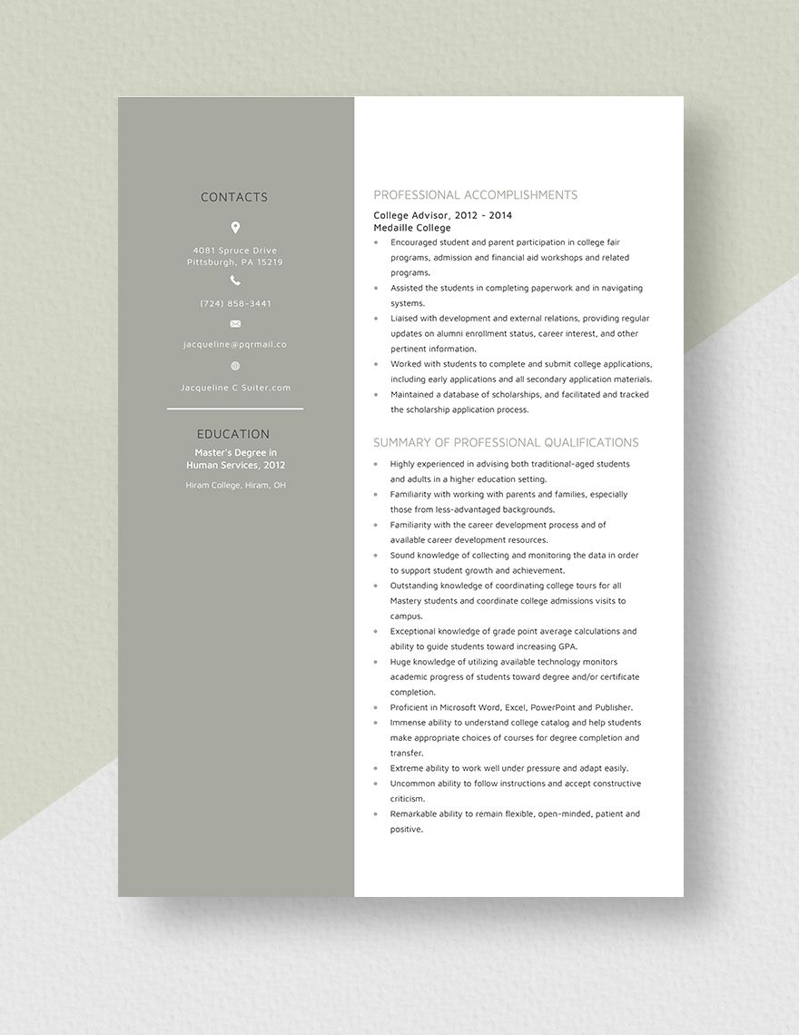 College Advisor Resume Template - Word, Apple Pages | Template.net