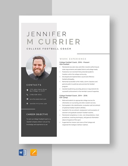 College Football Coach Resume Template - Word, Apple Pages