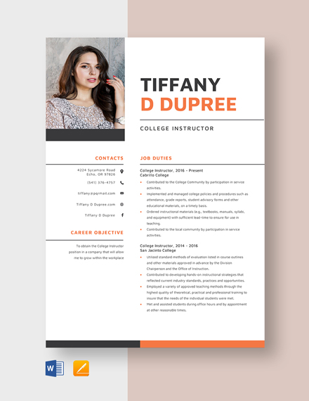 College Instructor Resume Template - Word, Apple Pages