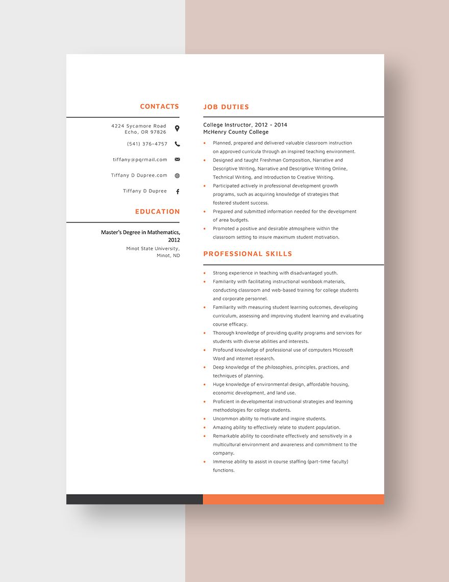 College Instructor Resume Template