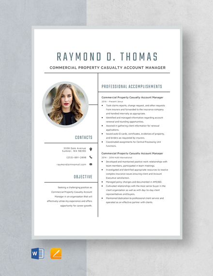 Commercial Property Casualty Account Manager Resume Template - Word, Apple Pages