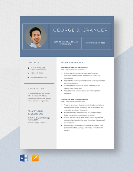 Commercial Real Estate Paralegal Resume Template - Word, Apple Pages