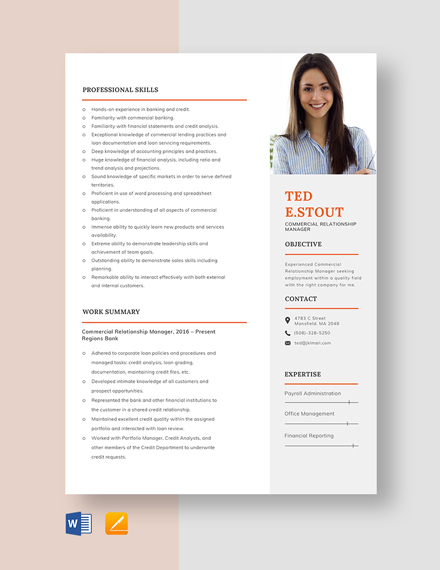 Commercial Relationship Manager Resume Template - Word, Apple Pages