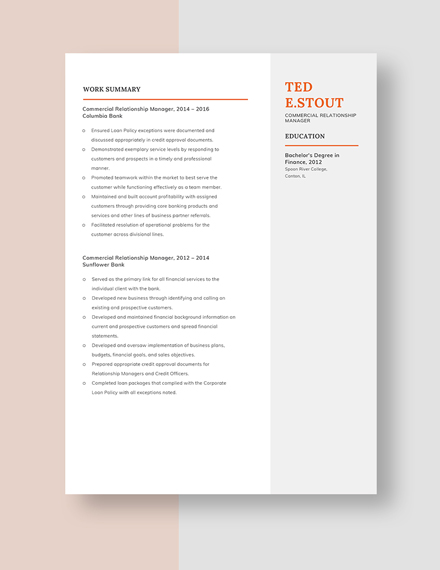Commercial Relationship Manager Resume Template Free Pages Word 