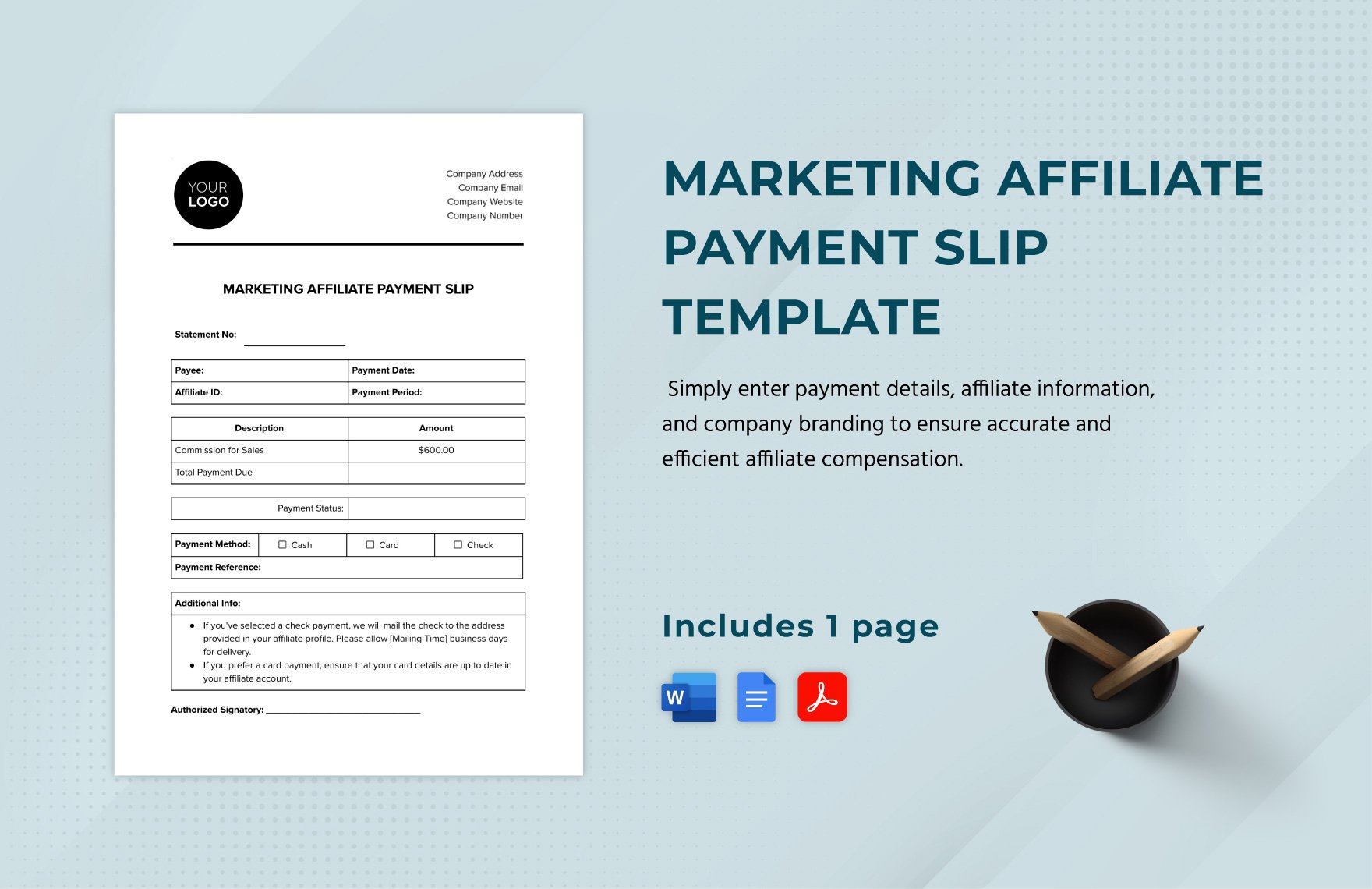 Marketing Affiliate Payment Slip Template in Word, Google Docs, PDF