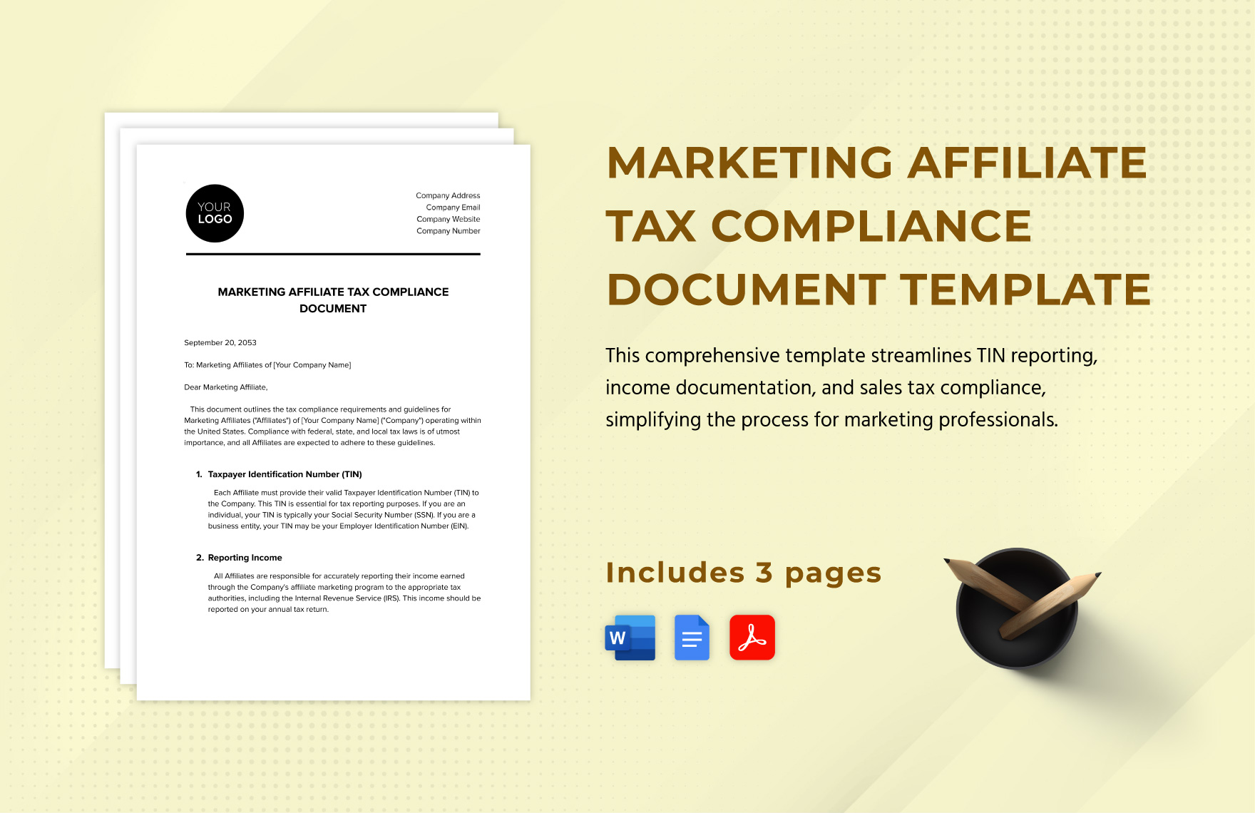 Marketing Affiliate Tax Compliance Document Template in Word, Google Docs, PDF