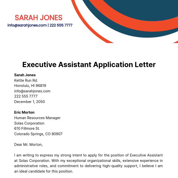Free Executive Assistant Application Letter  Template