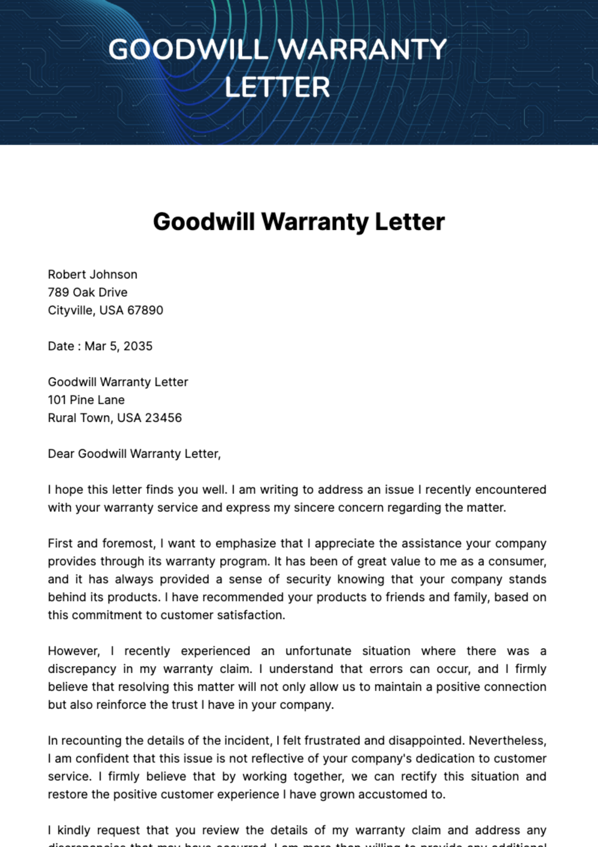 Free Goodwill Warranty Letter Template