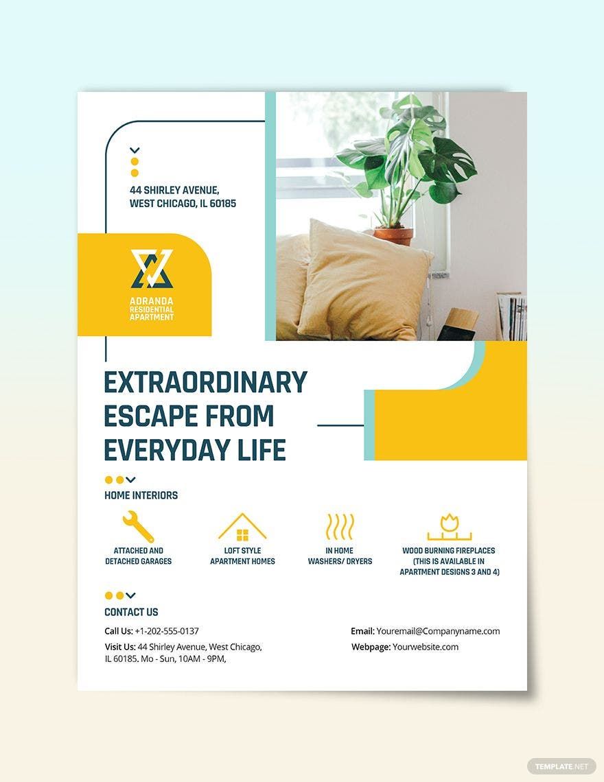 Residential Apartment Flyer Template in Word, Google Docs, Illustrator, PSD, Apple Pages, Publisher, InDesign