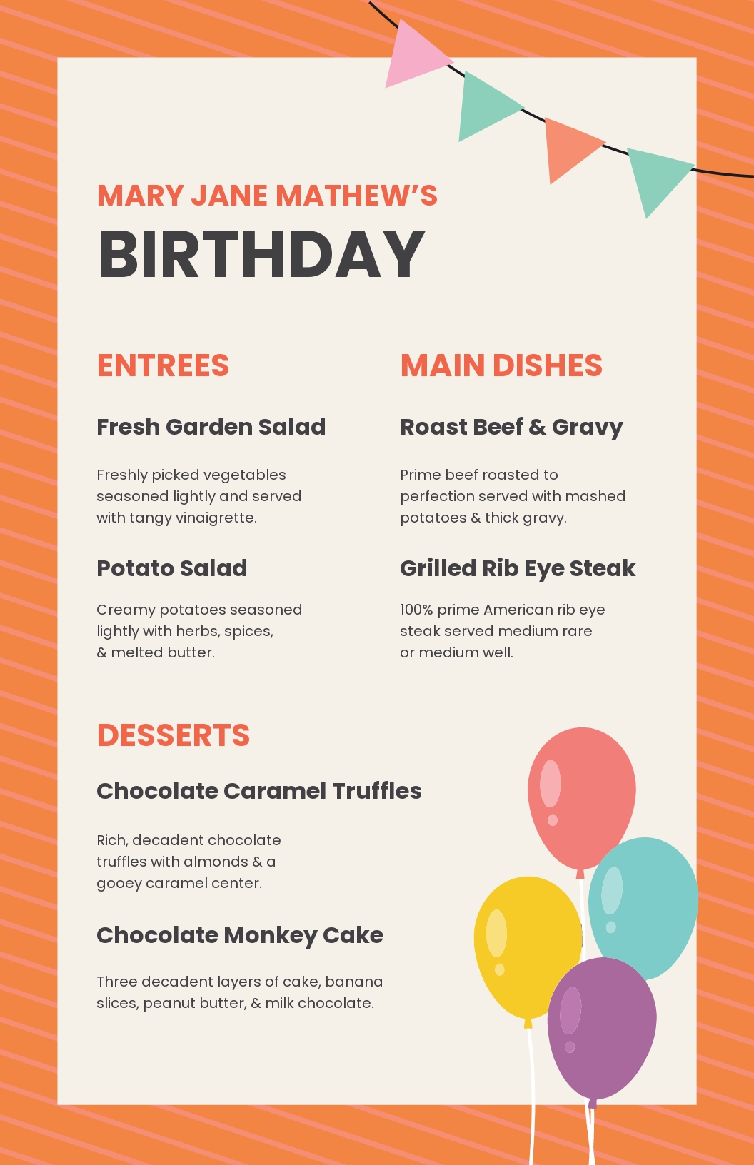 Birthday Dinner Menu Template