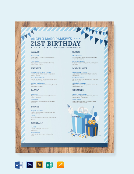 Free Blue Birthday Menu Template - Illustrator, Word, Apple Pages, Publisher