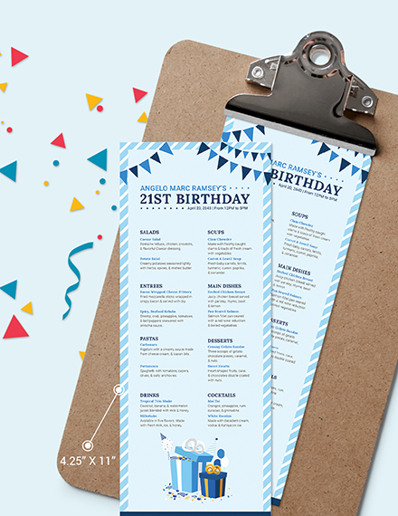 Free Blue Birthday Menu Template to Edit Online