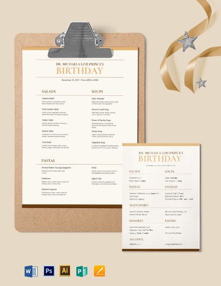 Classy Classic Birthday Menu Template - Illustrator, Word, Apple Pages, PSD, Publisher