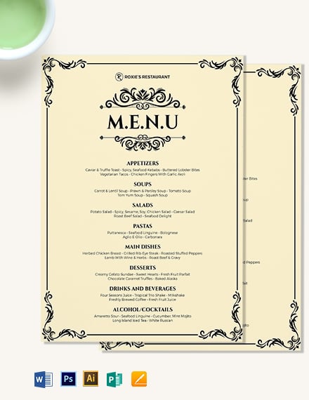 Classy Classic Dinner Menu Template - Illustrator, Word, Apple Pages, PSD, Publisher
