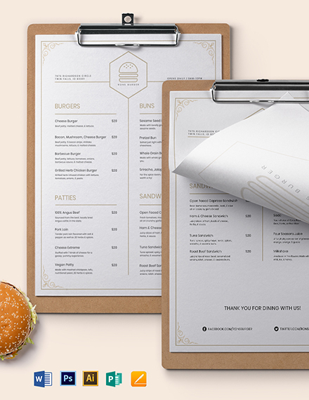 Classy Classic Burger Menu Template - Illustrator, Word, Apple Pages, PSD, Publisher