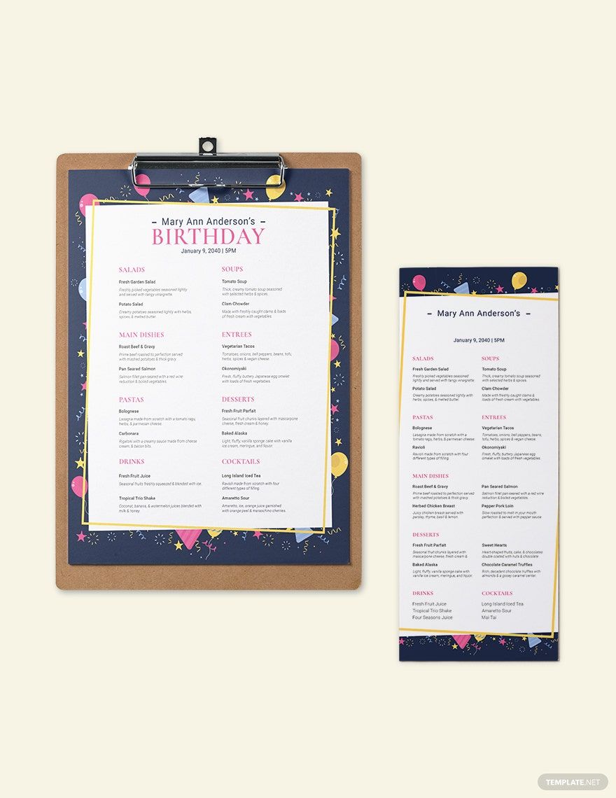 Dinner Birthday Menu Template in Word, Illustrator, PSD, Apple Pages, Publisher