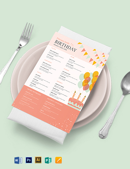 Downloadable Birthday Menu Template - Illustrator, Word, Apple Pages, PSD, Publisher