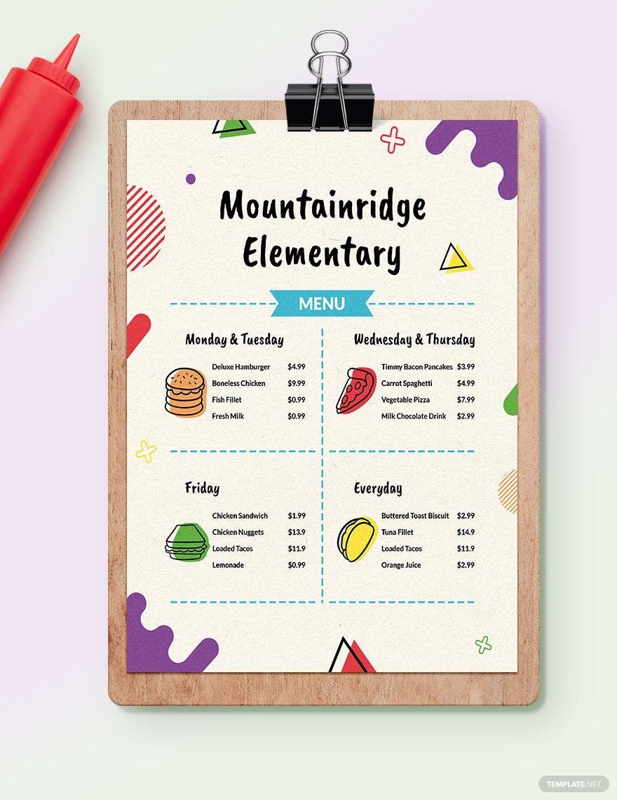 Elementary School Menu Template in Word, Illustrator, PSD, Apple Pages, Publisher