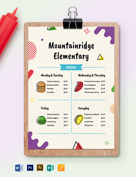 Elementary School Menu Template - Illustrator, Word, Apple Pages, PSD, Publisher