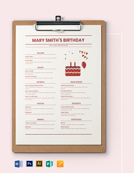 Modern Birthday Menu Template - Illustrator, Word, Apple Pages, PSD, Publisher