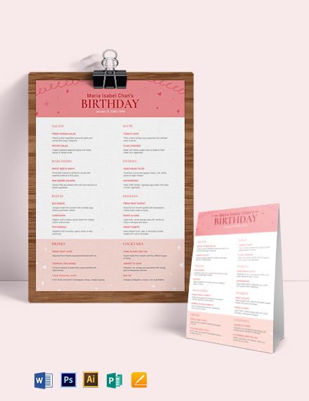 Free Pink Birthday Menu Template - Illustrator, Word, Apple Pages, Publisher