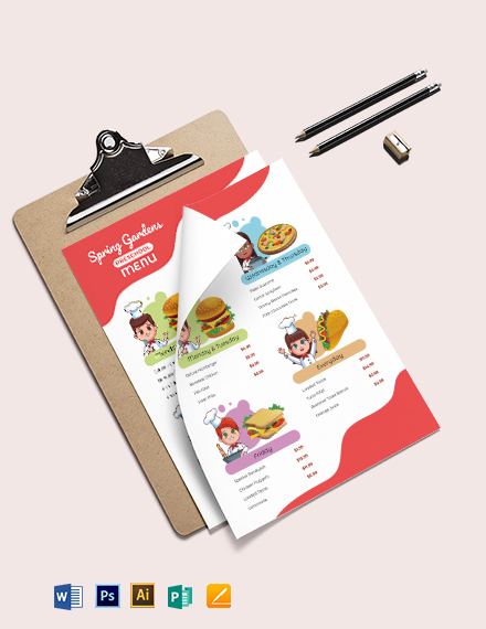 Pre School Menu Template - Illustrator, Word, Apple Pages, PSD, Publisher