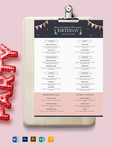 pretty birthday menu template