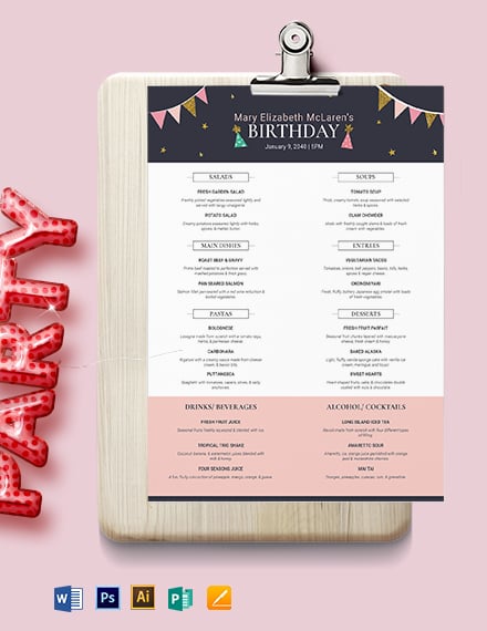 Pretty Birthday Menu Template - Illustrator, Word, Apple Pages, PSD, Publisher