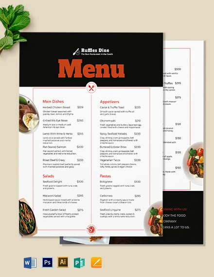 Printable Dinner Menu Template - Illustrator, Word, Apple Pages, PSD, Publisher