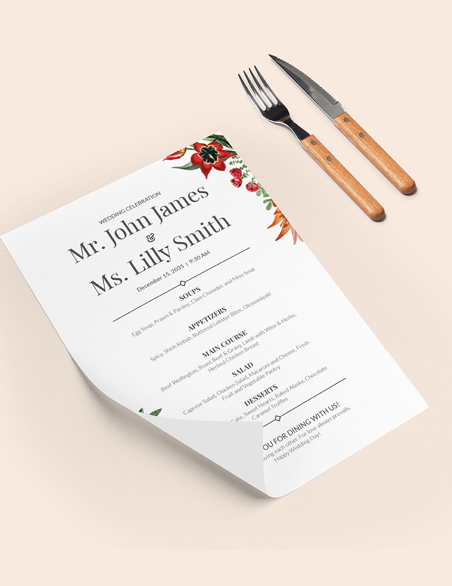 Printable Wedding Menu Editable