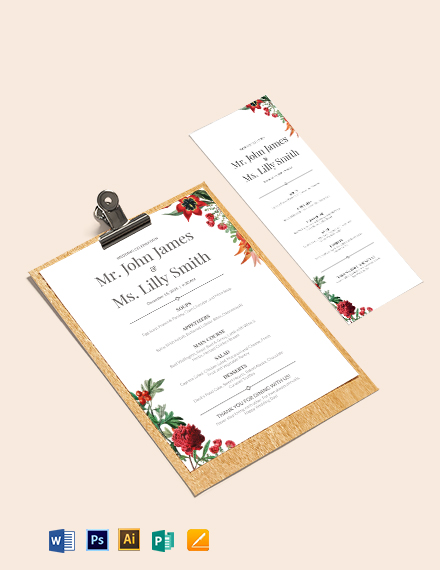 Free Printable Wedding Menu Template - Illustrator, Word, Apple Pages, Publisher