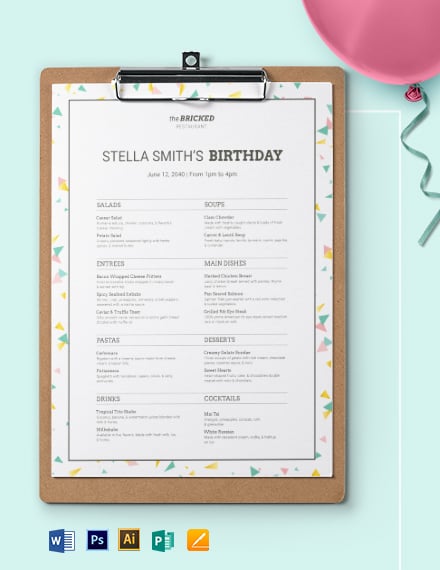 Restaurant Birthday Menu Template - Illustrator, Word, Apple Pages, PSD, Publisher