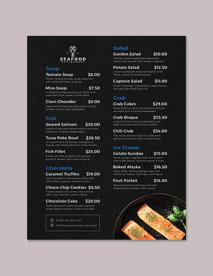 Seafood Flyer Menu Template - Illustrator, Word, Apple Pages, PSD, Publisher