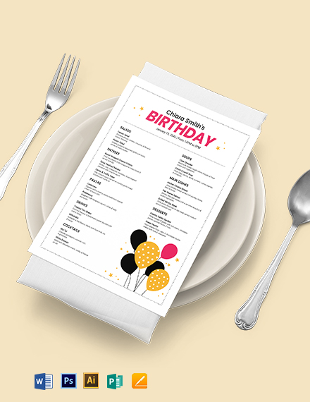 White Birthday Menu Template - Illustrator, Word, Apple Pages, PSD, Publisher