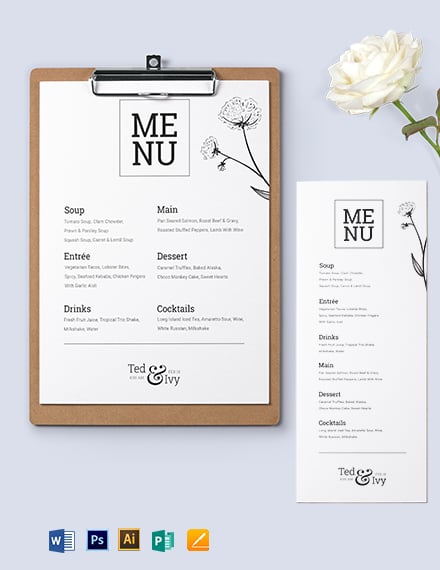 White Wedding Menu Template - Illustrator, Word, Apple Pages, PSD, Publisher