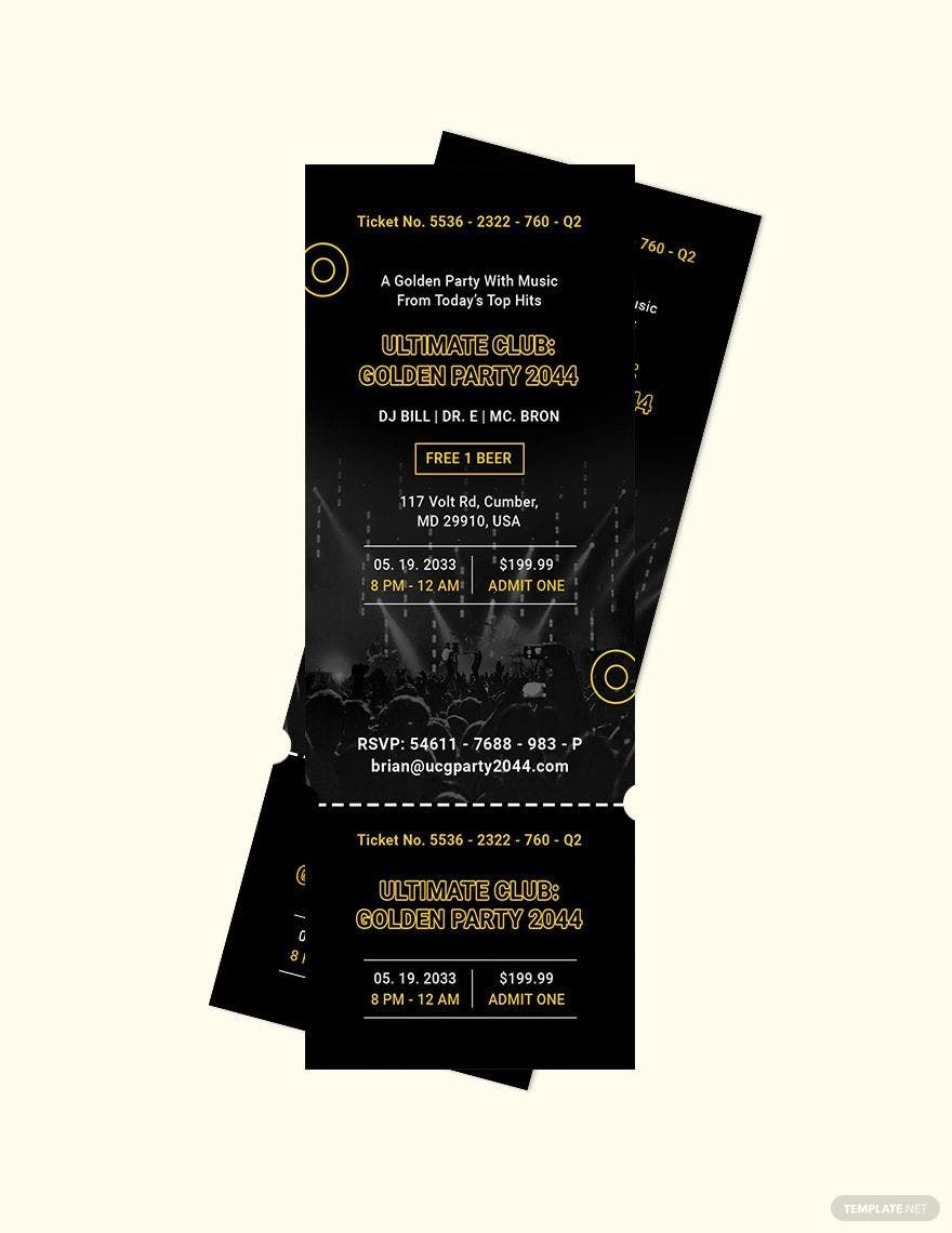 Golden Party Ticket Invitation Template in Word, Illustrator, PSD, Apple Pages, Publisher, Outlook