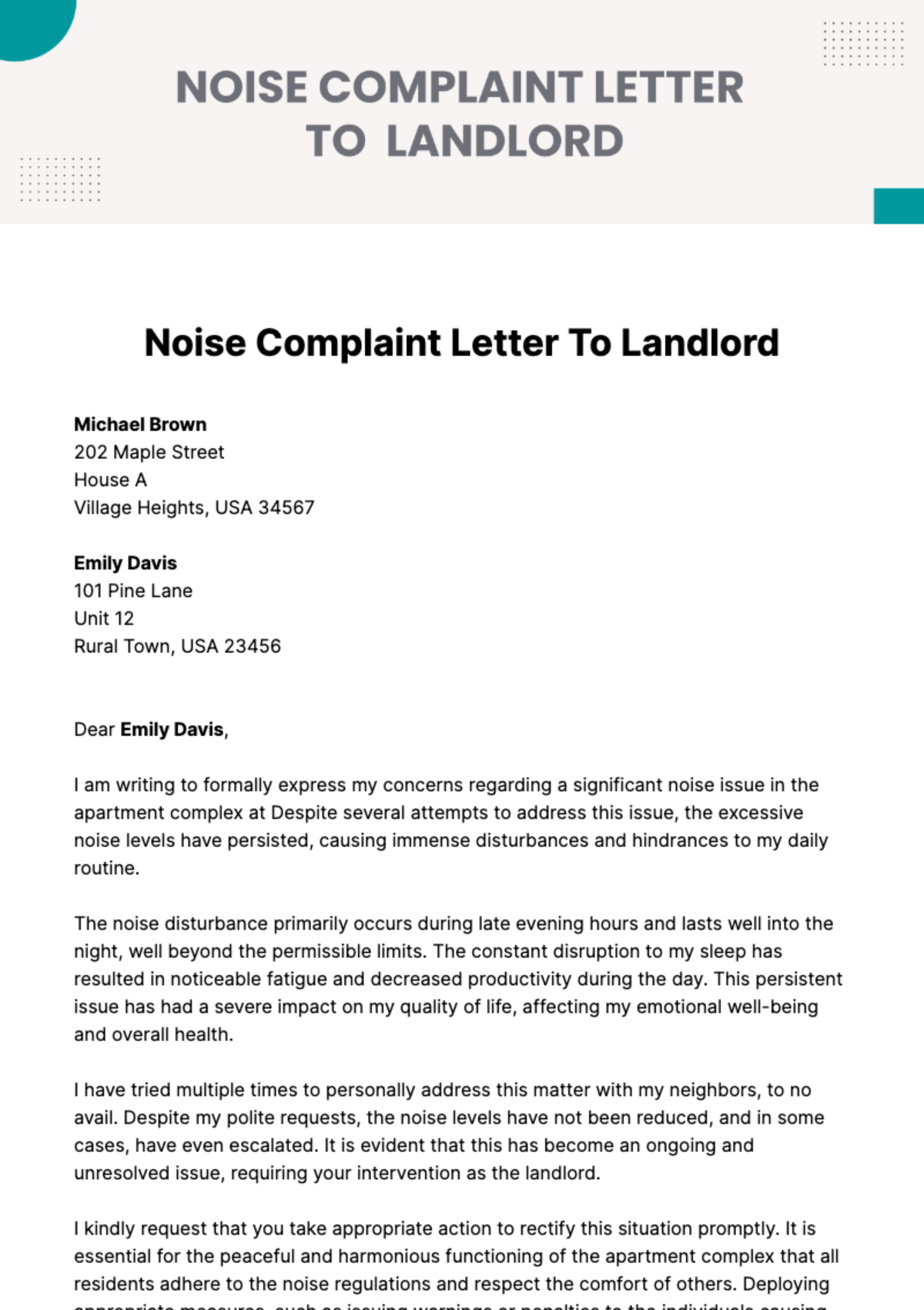 Noise Complaint Letter To Landlord Template